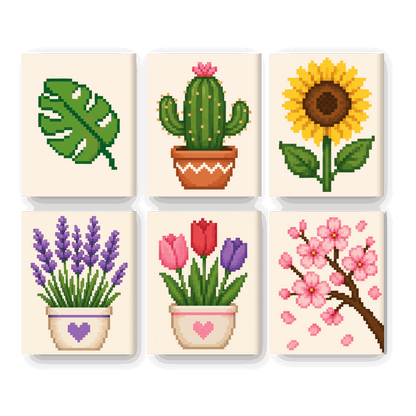 6 Mini Paintings - Pixel Flowers Set- Paint by Numbers