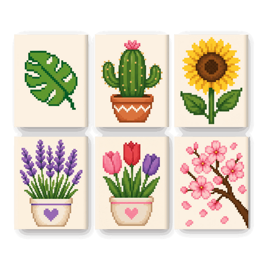 6 Mini Paintings - Pixel Flowers Set- Paint by Numbers