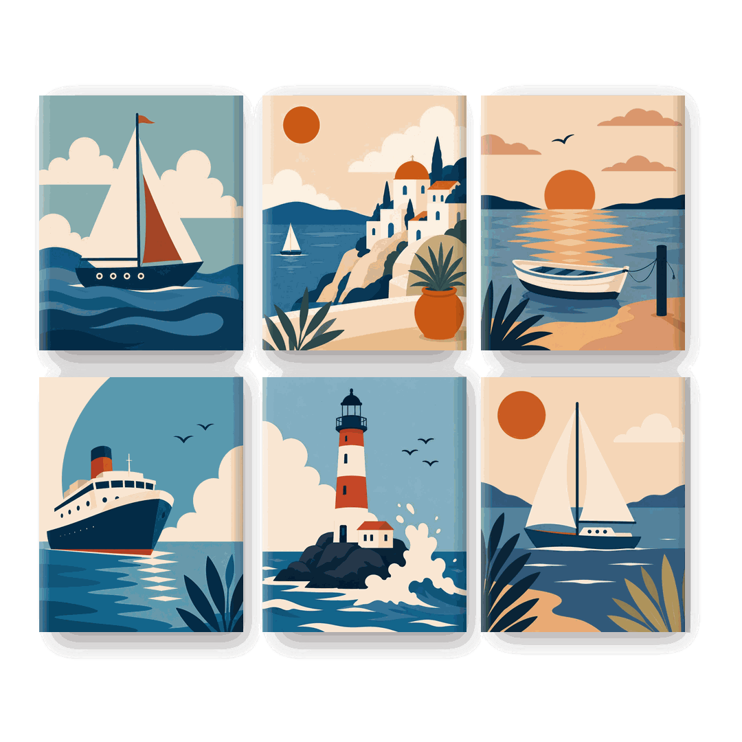 6 Mini Paintings - Sunset Boats Set- Paint by Numbers