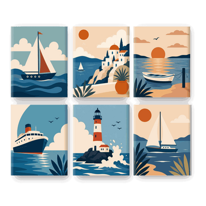 6 Mini Paintings - Sunset Boats Set- Paint by Numbers