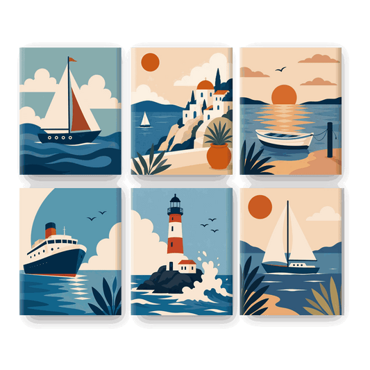6 Mini Paintings - Sunset Boats Set- Paint by Numbers