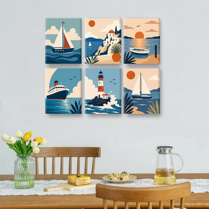 6 Mini Paintings - Sunset Boats Set