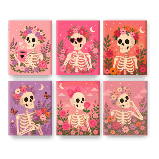 6 Mini Paintings - Floral Skeleton Set