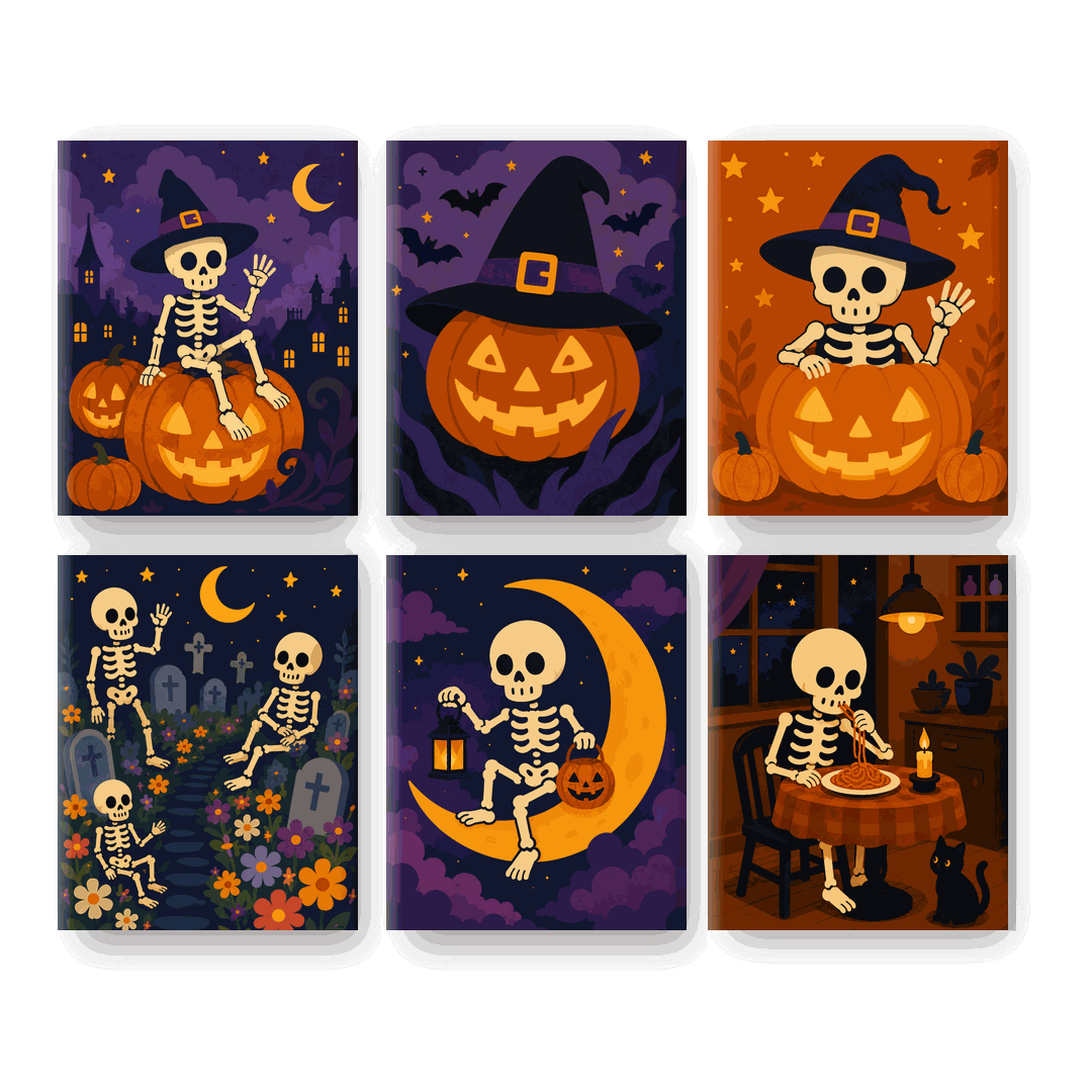 6 Mini Paintings - Skeleton Moonlight Set - Paint by numbers