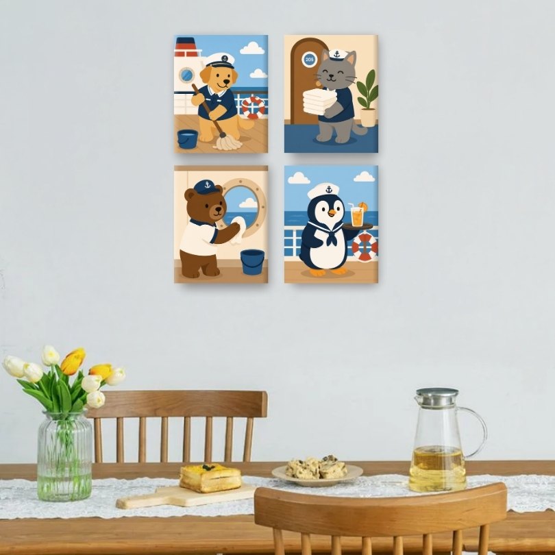 4 Mini Paintings - Sailor Animals Set