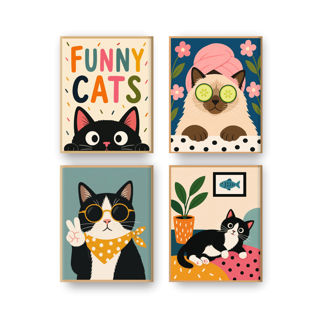 4 Mini Paintings - Comedy Cats Set- Paint by Numbers