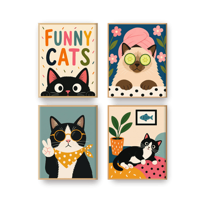 4 Mini Paintings - Comedy Cats Set- Paint by Numbers