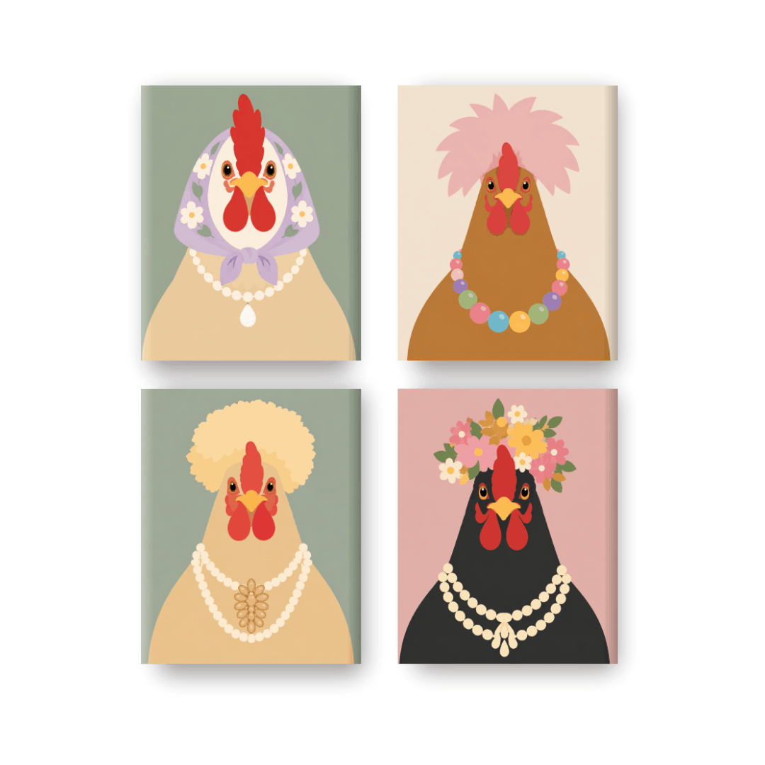 4 Mini-tableaux - Ensemble Poules élégantes - Peinture à numéros