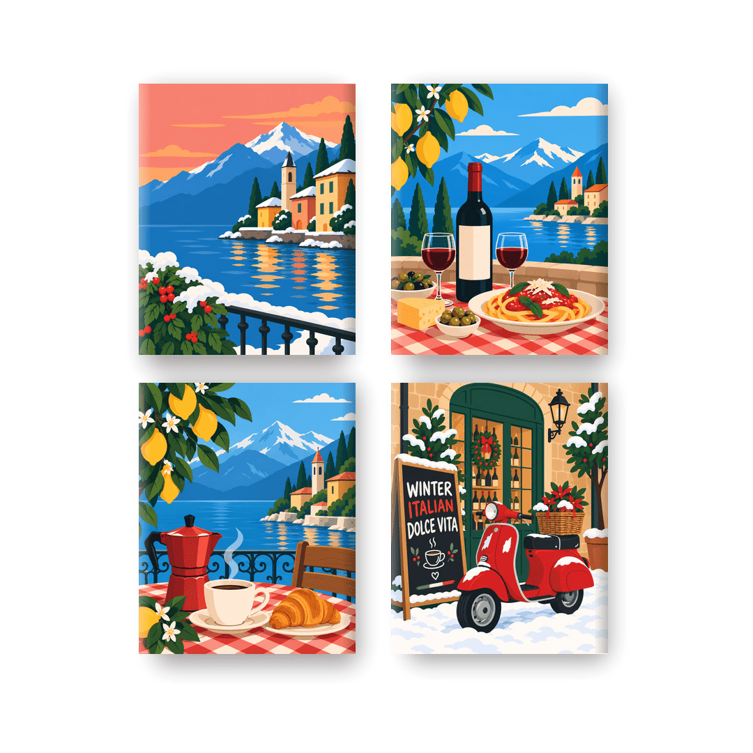 4 Mini Paintings - Winter Italian Lakes Set