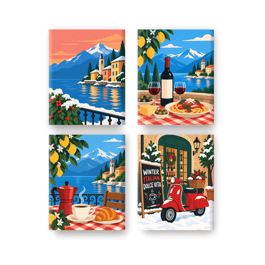 4 Mini Paintings - Winter Italian Lakes Set