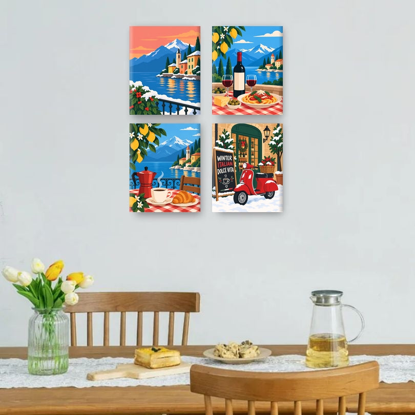 4 Mini Paintings - Winter Italian Lakes Set