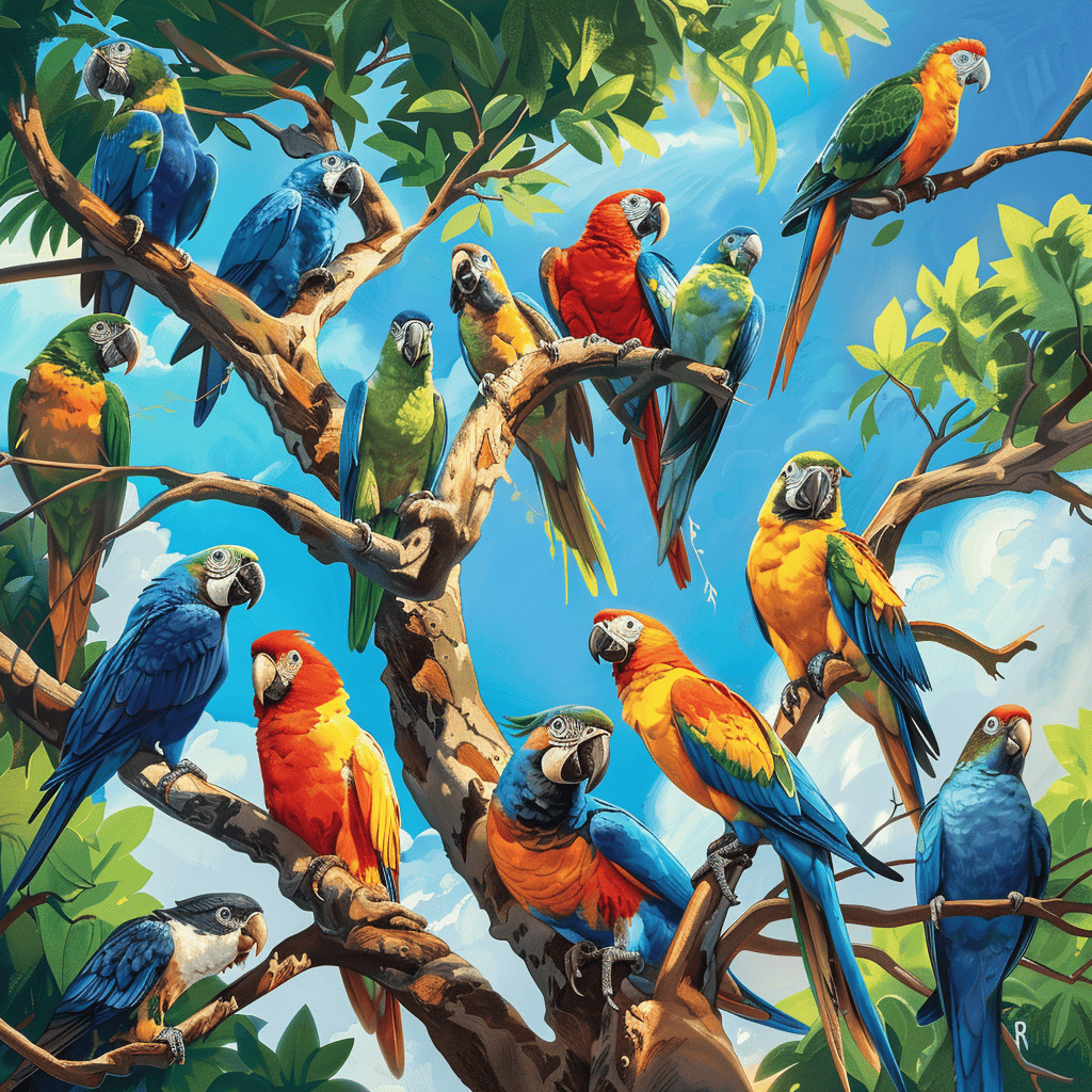 Colorful Parrots in the Tree - Diamond Painting