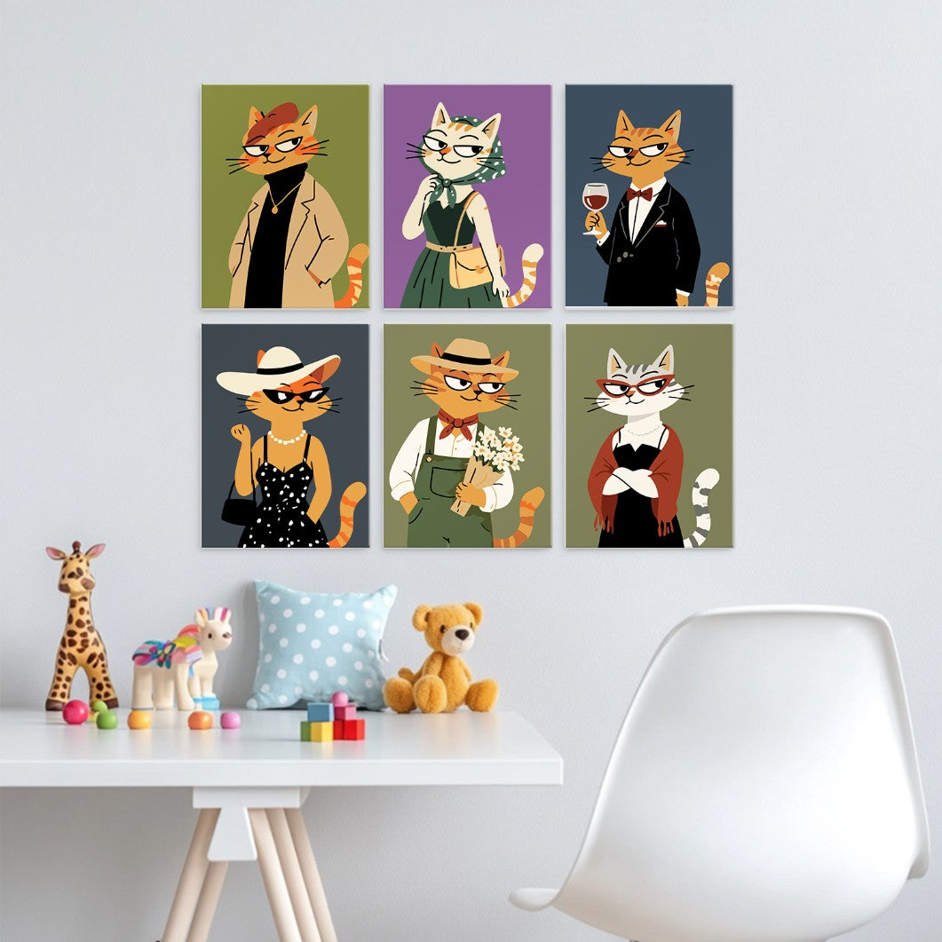 6 Wooden Board Mini Paintings – Fashionable Felines