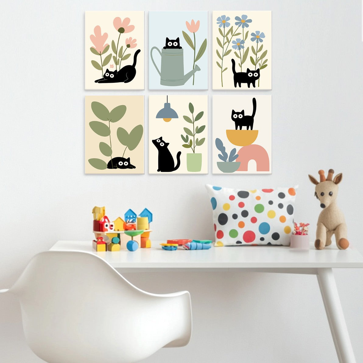 6 Wooden Board Mini Paintings – Cats Among Plants