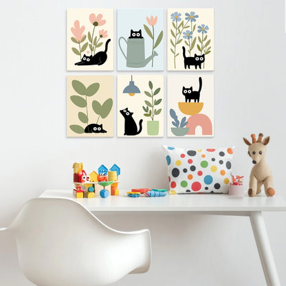 6 Wooden Board Mini Paintings – Cats Among Plants