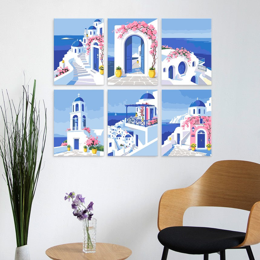 6 Wooden Board Mini Paintings – Santorini Escape