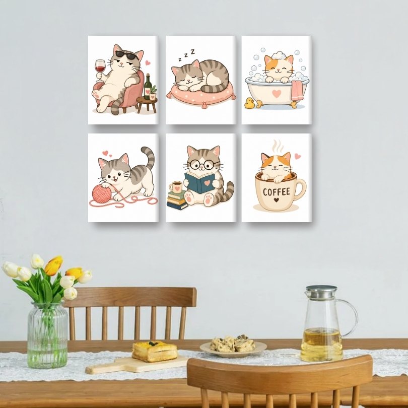 6 Mini Paintings - Kawaii Cat Life Set