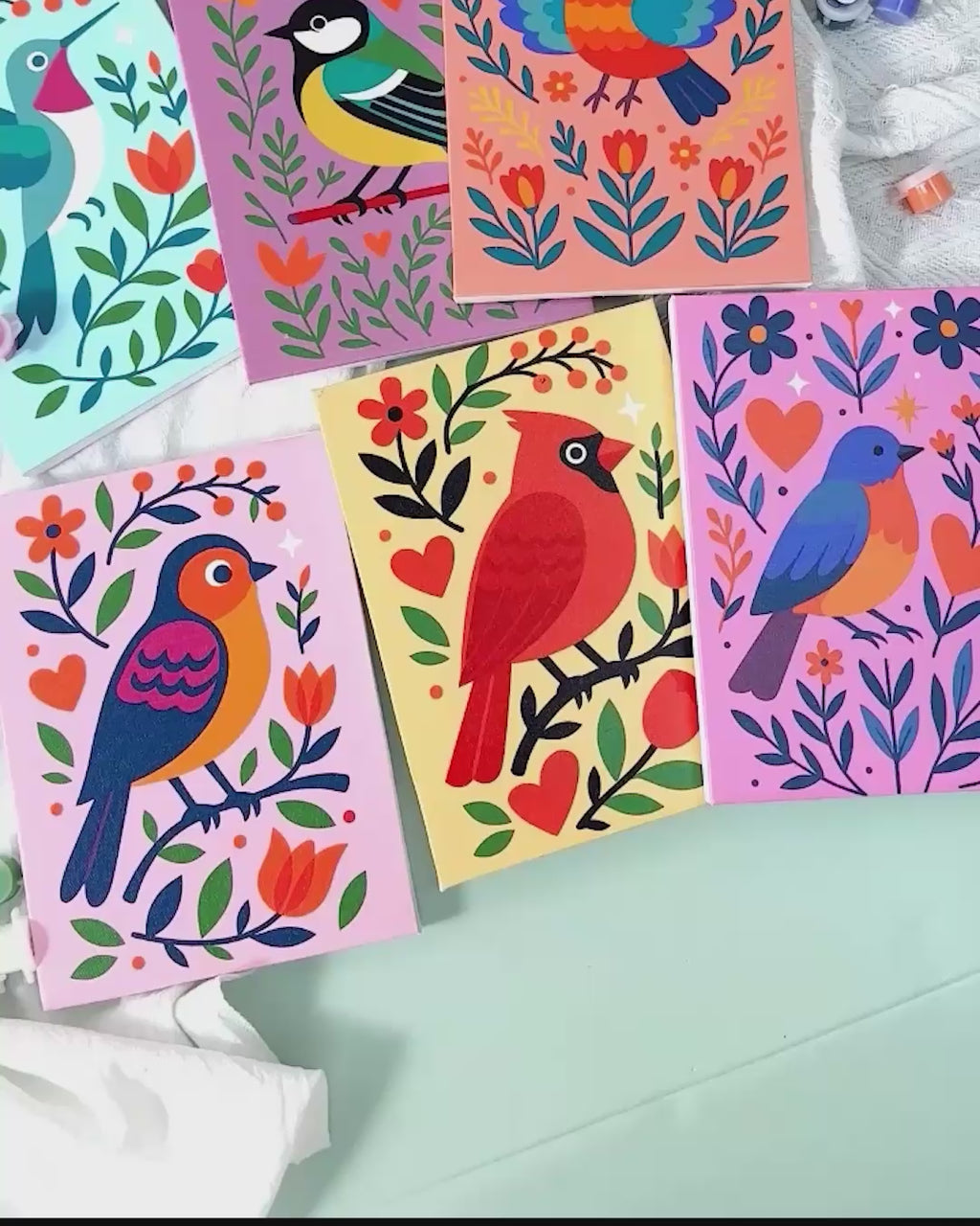 6 Mini Paintings - Colorful Birds Set