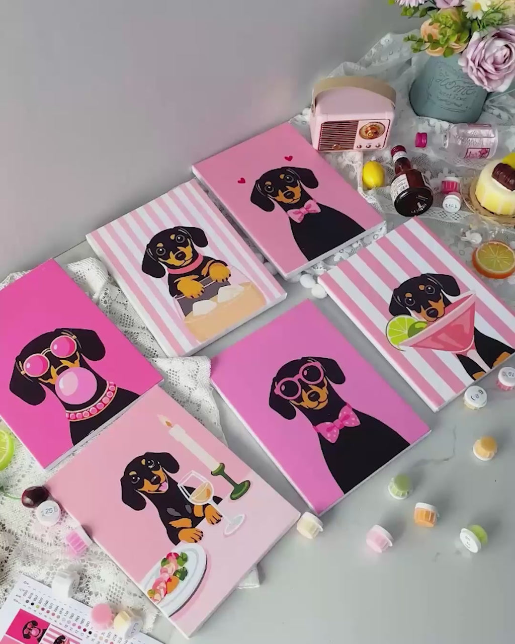 6 Mini Paintings - Pink Dachsund Set